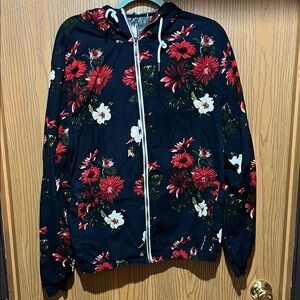 Denim & Flower red, white and blue floral mens zip up jacket size XL
